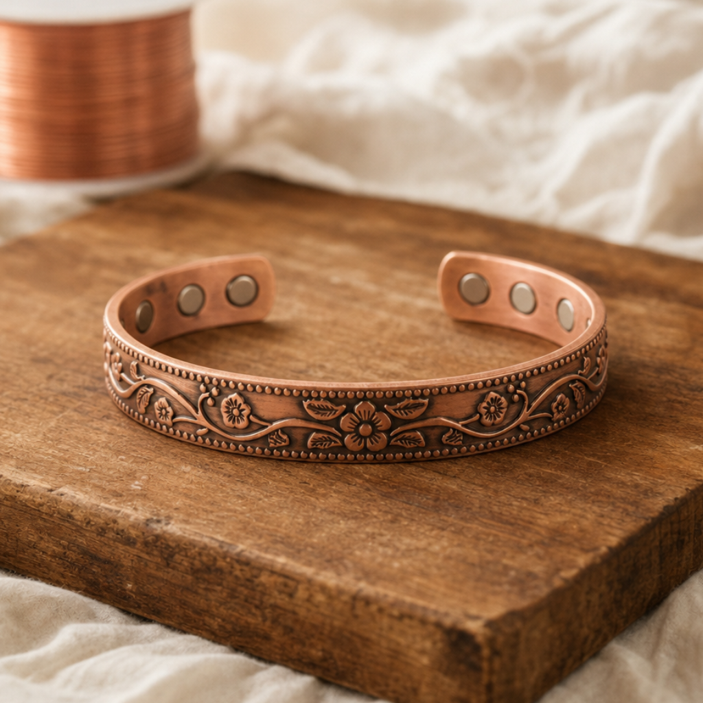 Copper Cuff Bracelet with Magnetic Therapy Stones — Hand-Carved Floral Design — main image