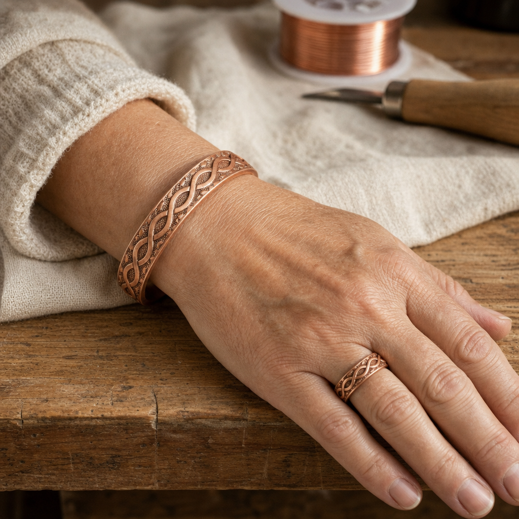 Copper Cuff Bracelet and Ring Set, Rose Copper, Woven Pattern, Magnetic Closure — Adjustable Copper Jewelry — view 2