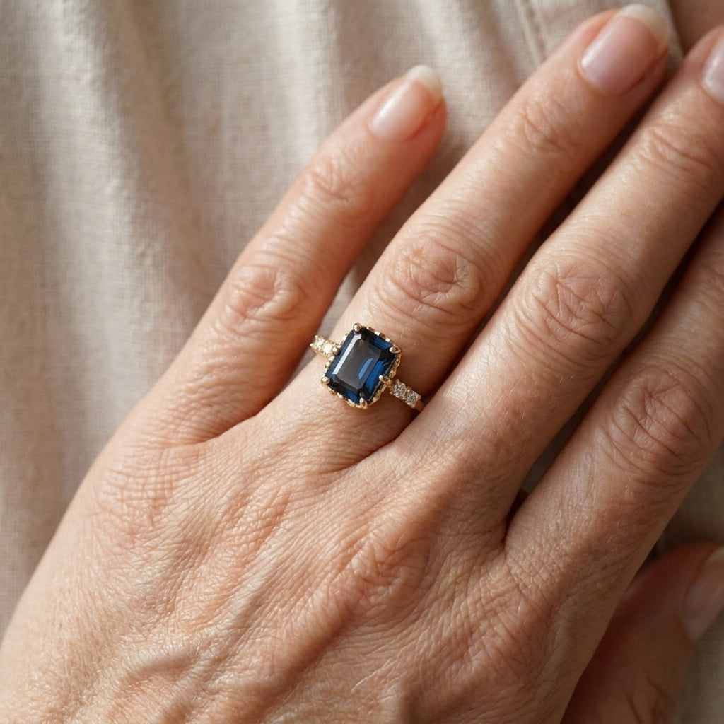 lavish blue crystal gold ring — lifestyle