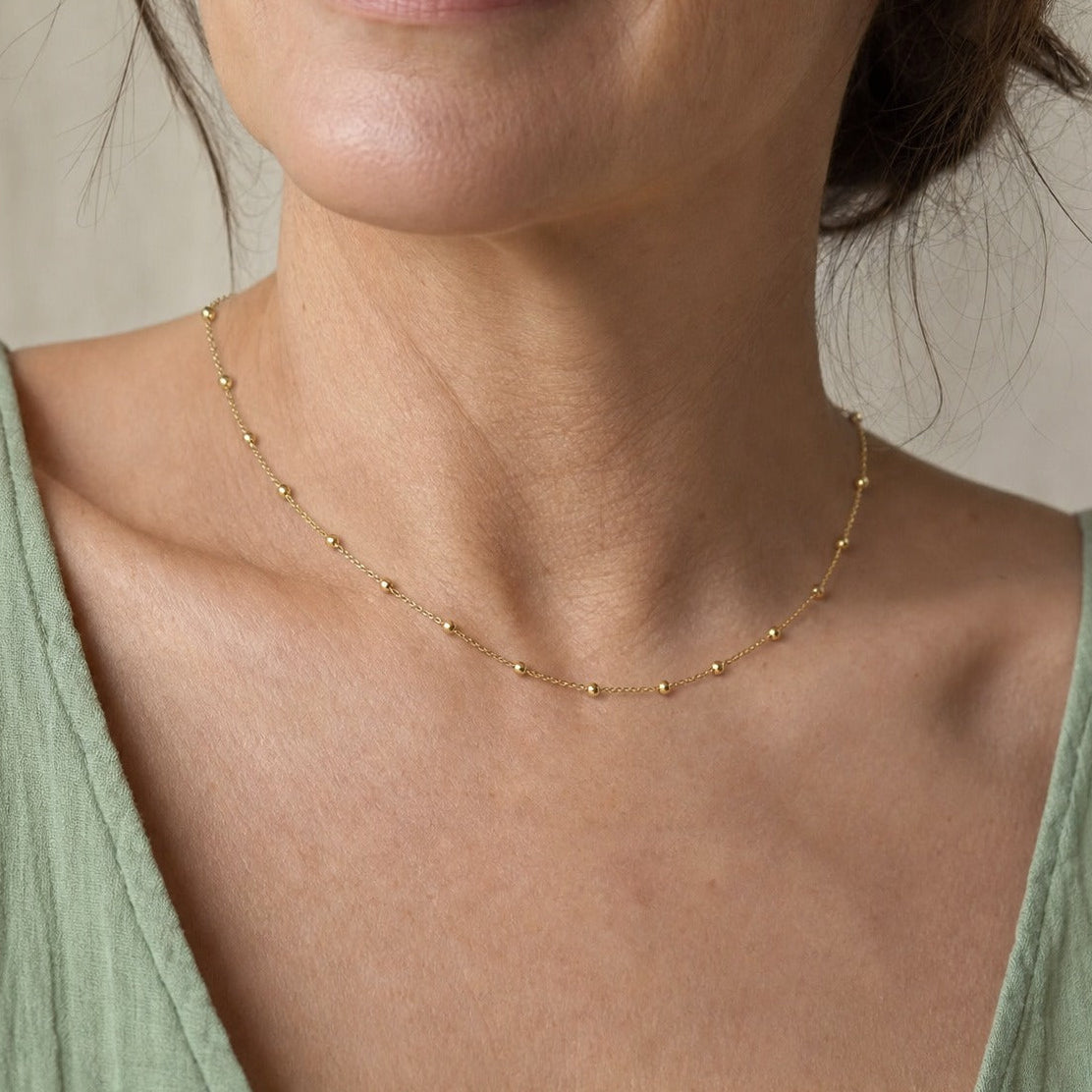 Beaded Cable Chain Necklace, Gold-Tone Stainless Steel, Adjustable Lobster Clasp — main image