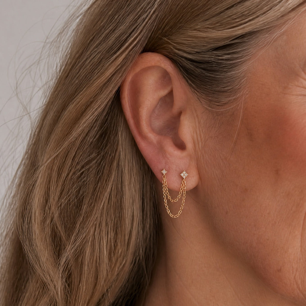 Cluster Cubic Zirconia Drop Earrings with Double Chain Design — main image