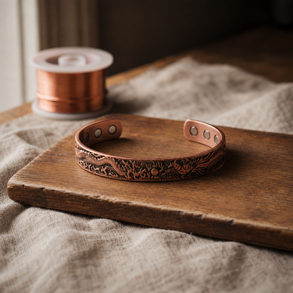 Copper Cuff Bracelet with Embossed Dragon and Floral Design — Adjustable Open Cuff — main image