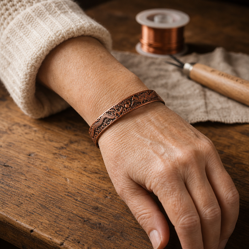 Copper Cuff Bracelet with Embossed Dragon and Floral Design — Adjustable Open Cuff — view 2