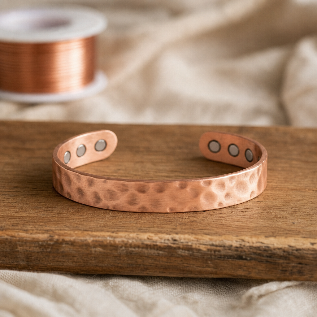Copper Cuff Bracelet with Hammered Texture, Hematite Accents, 99.9% Pure Copper — Adjustable Open Cuff — main image
