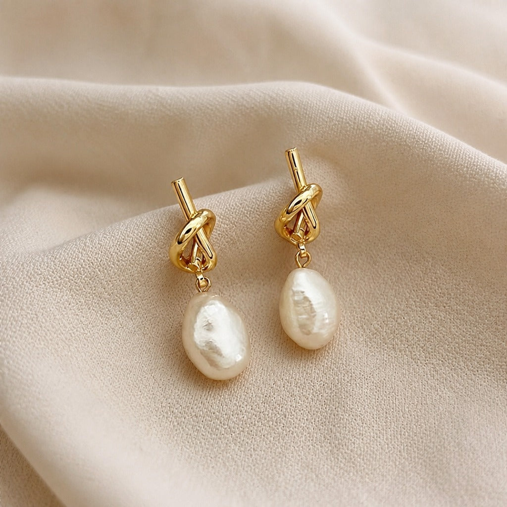 Baroque Pearl Drop Earrings with Twisted Gold Knot Detail — view 2
