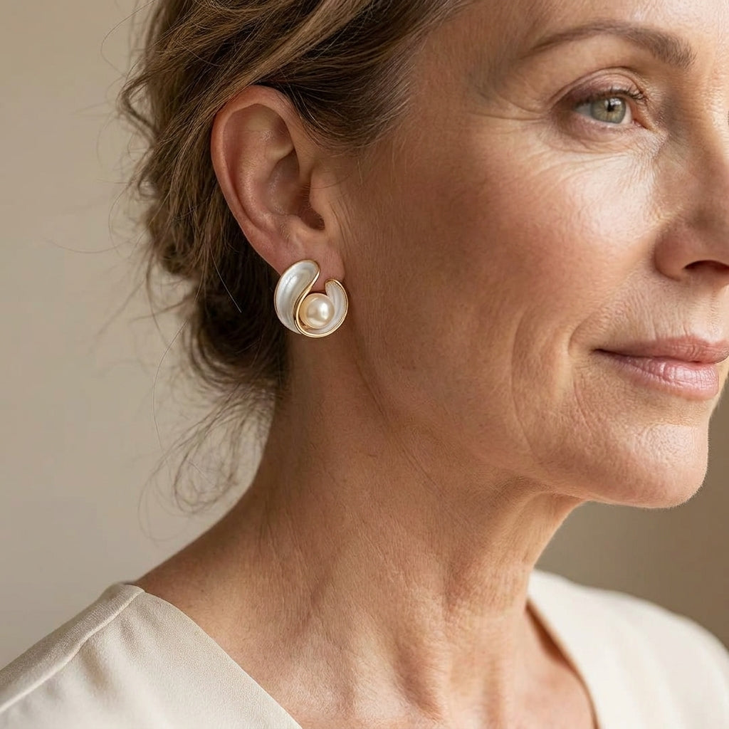 luxury white opal earrings with pearls in gold — lifestyle