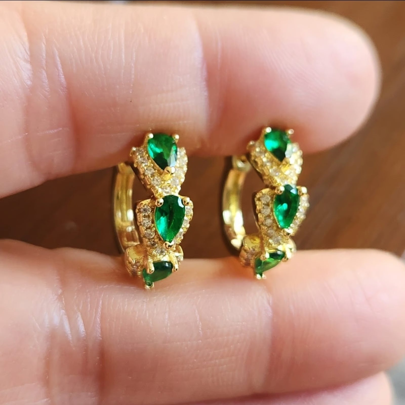 Pear-Shaped Emerald Halo Drop Earrings, Gold-Tone Three-Tier Design