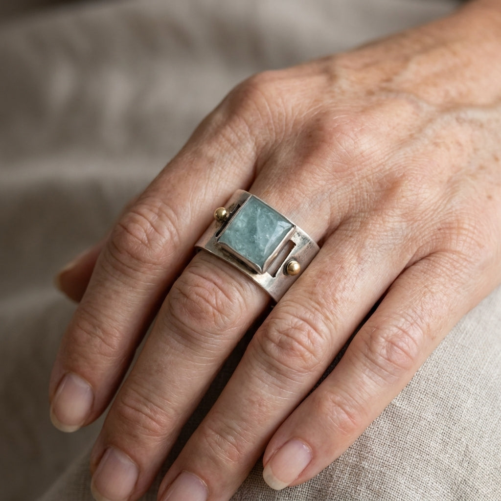 majestic green square moonstone ring — lifestyle