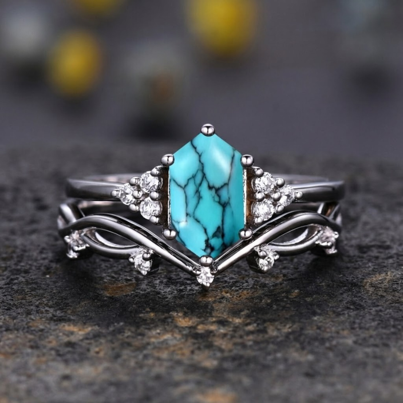 Hexagonal Turquoise Two-Piece Ring Set with Curved Wave Band