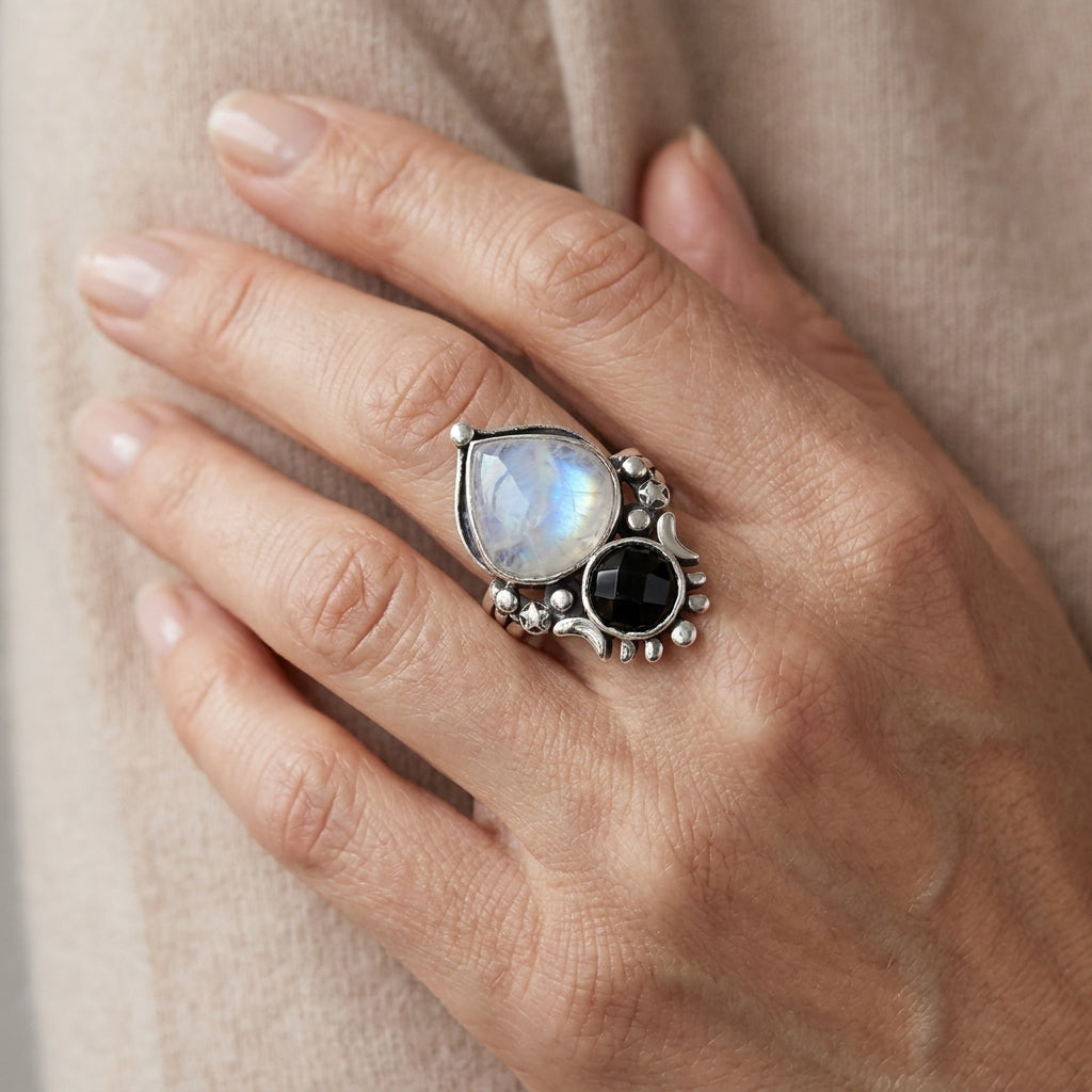 moonstone and onyx celestial ring asr9534 — lifestyle