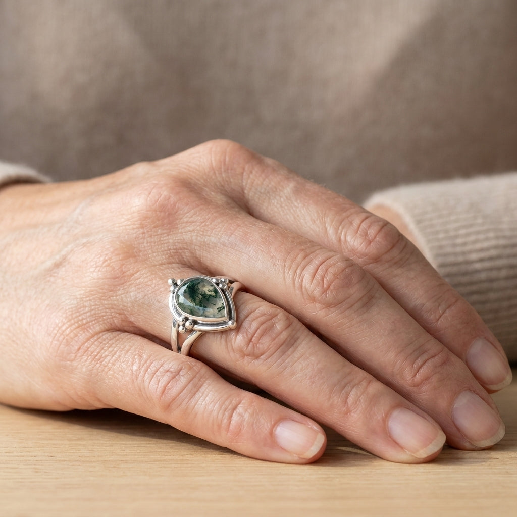 moss agate teardrop ring asr9755 — lifestyle
