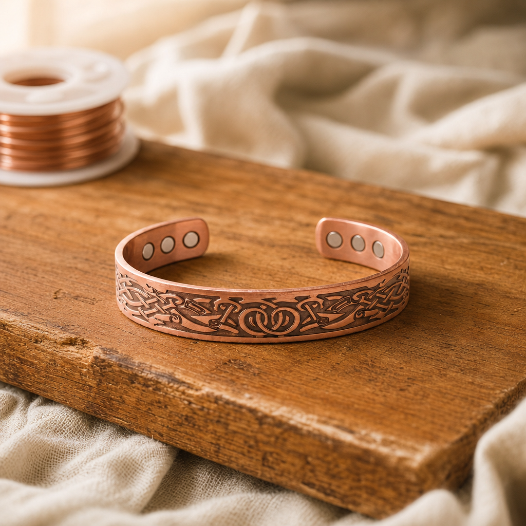 Copper Cuff Bracelet with Oxidized Celtic Knot Pattern and Magnetic Elements — Adjustable Open Cuff — main image