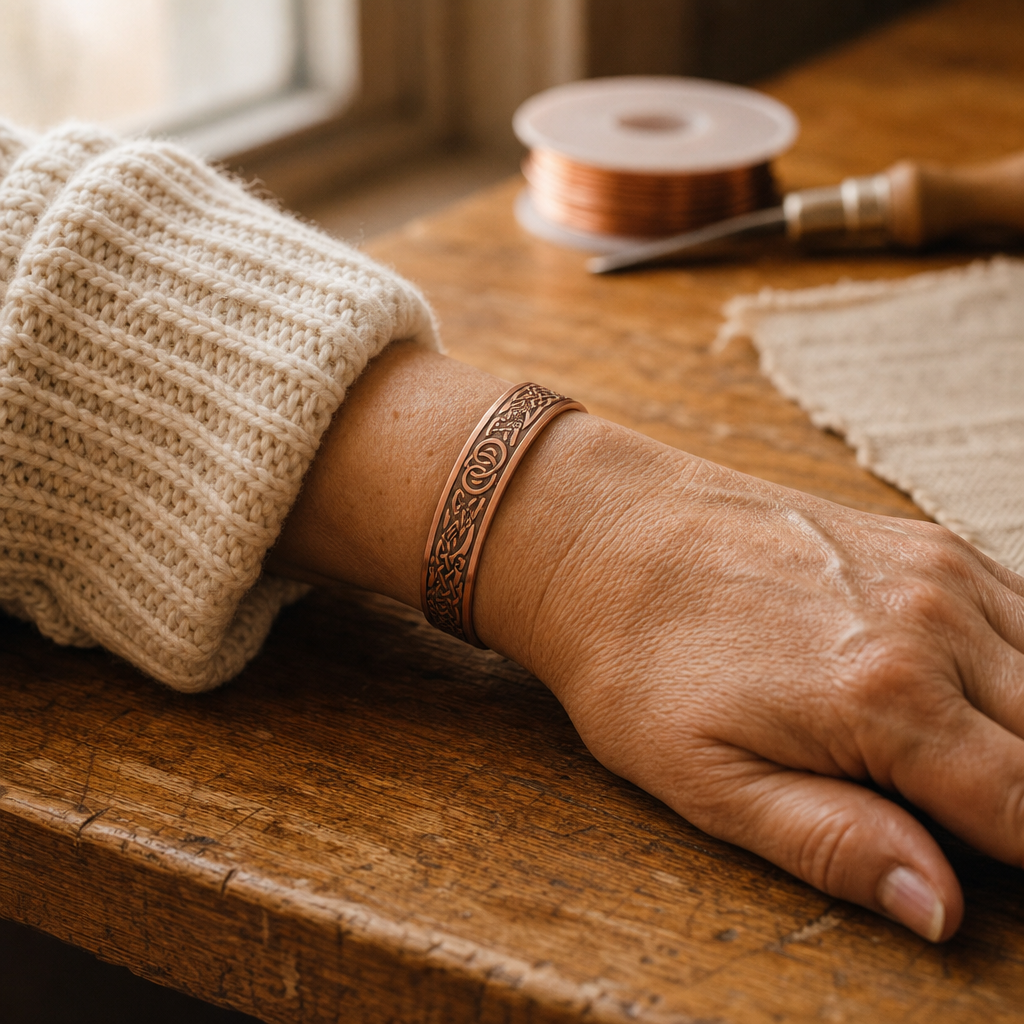 Copper Cuff Bracelet with Oxidized Celtic Knot Pattern and Magnetic Elements — Adjustable Open Cuff — view 2