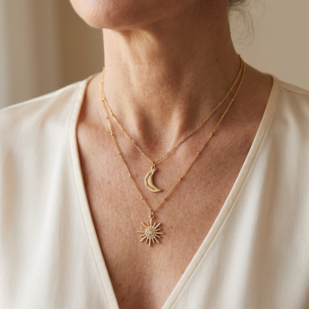 multi layer bohemian style necklace with golden chain sun and moon pendant vintage mixed style — lifestyle