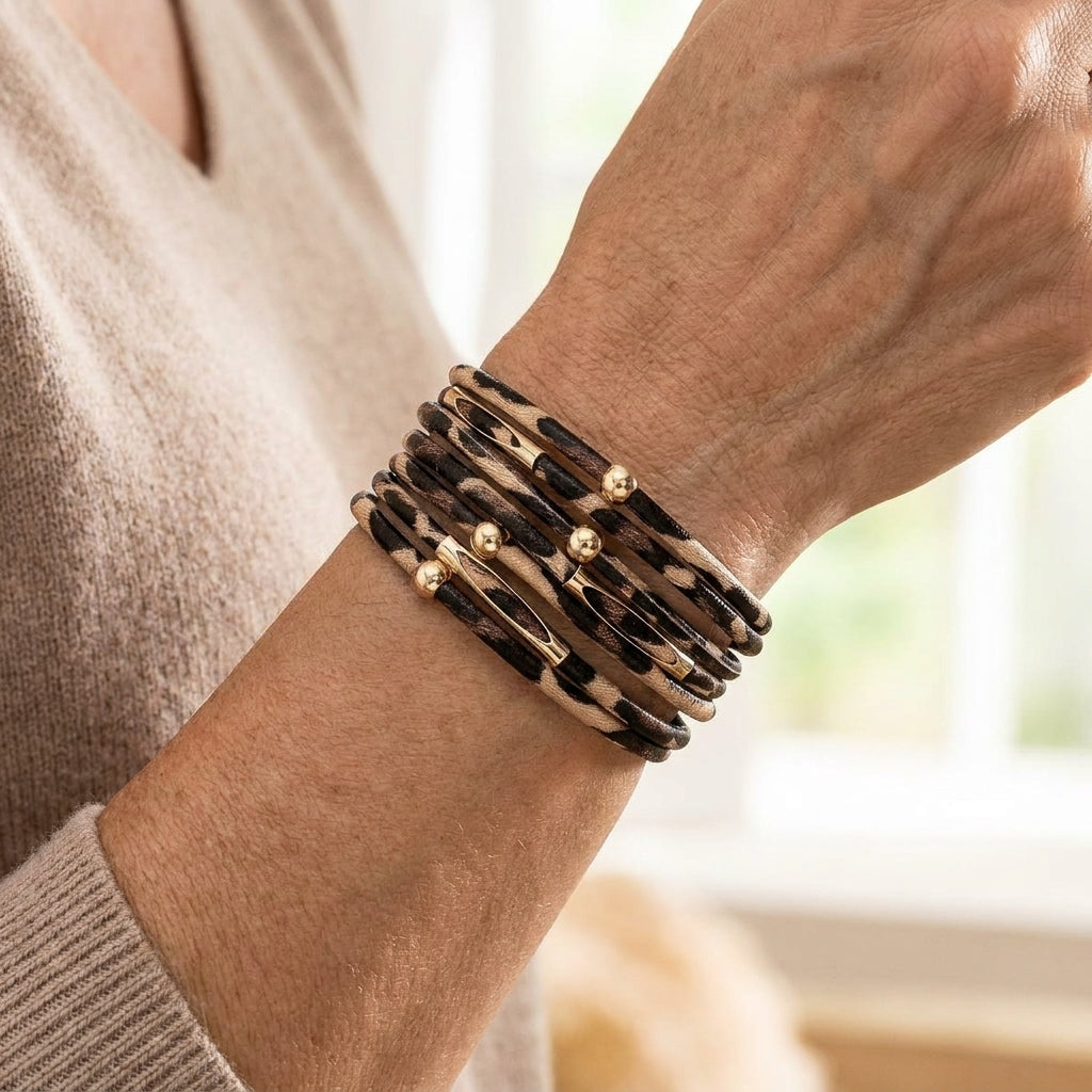 multi row leopard print pu leather magnetic buckle bracelet western style bohemian winding bracelet — lifestyle