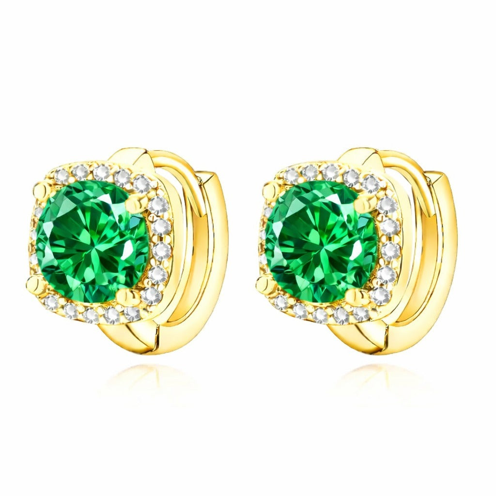 Cushion-Cut Emerald Halo Stud Earrings with Gold-Tone Hinge Back