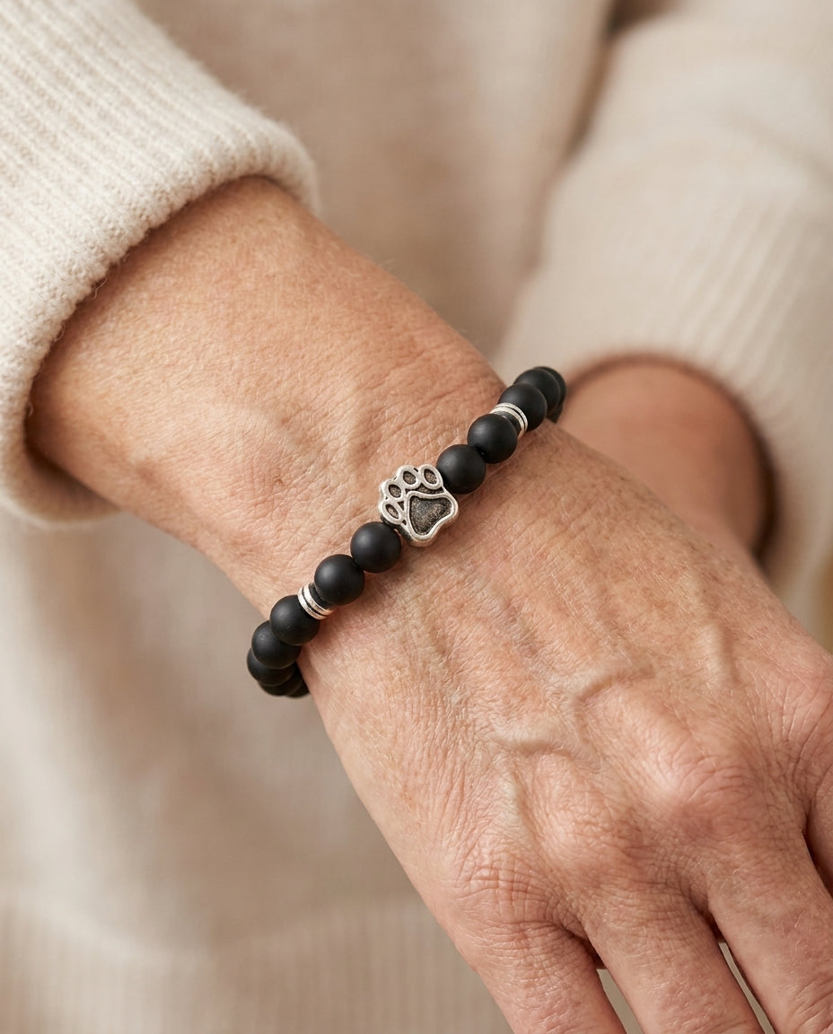 Estelle & Ruby Natural Stone Beaded Bracelet with Silver Paw Print Charm, Stretch Fit (AI-generated lifestyle image)