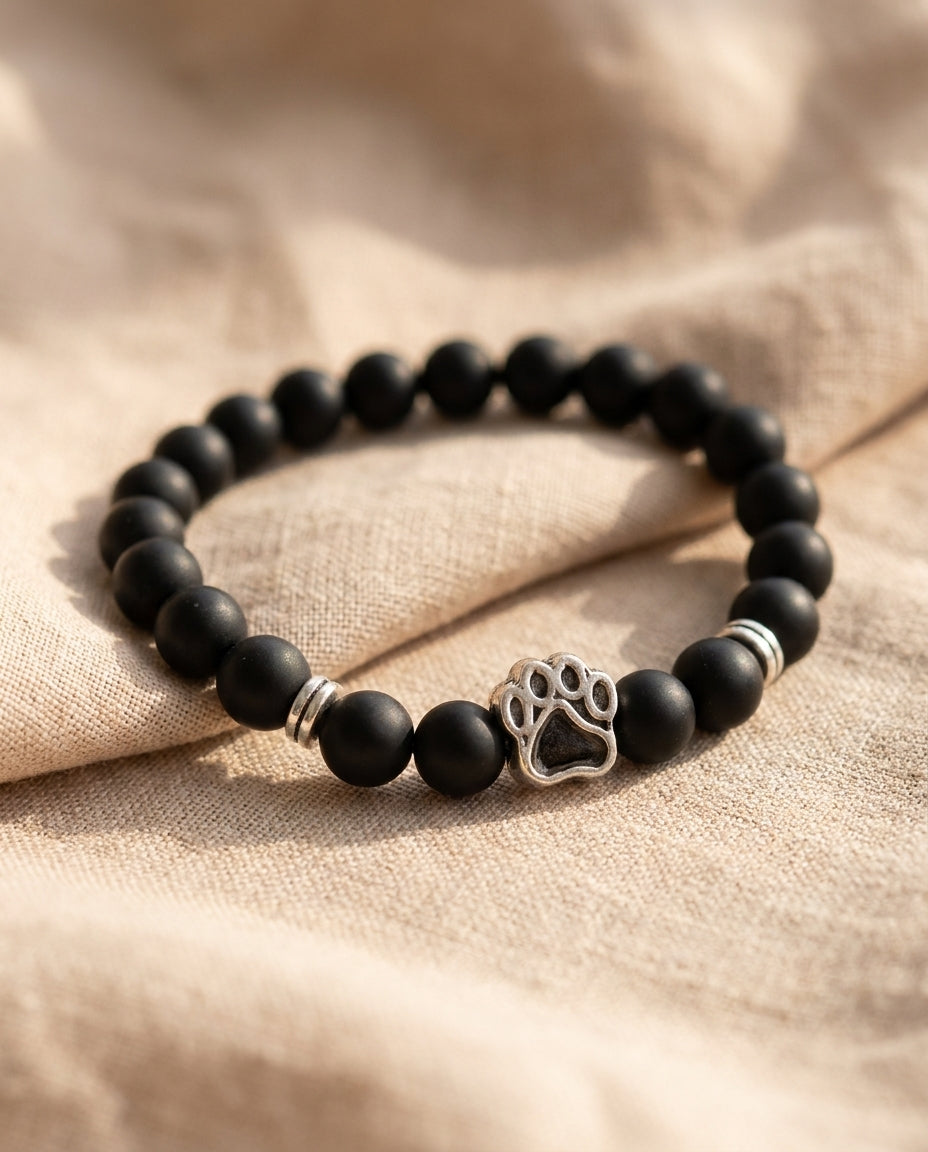 Estelle & Ruby Natural Stone Beaded Bracelet with Silver Paw Print Charm, Stretch Fit (AI-generated studio image)