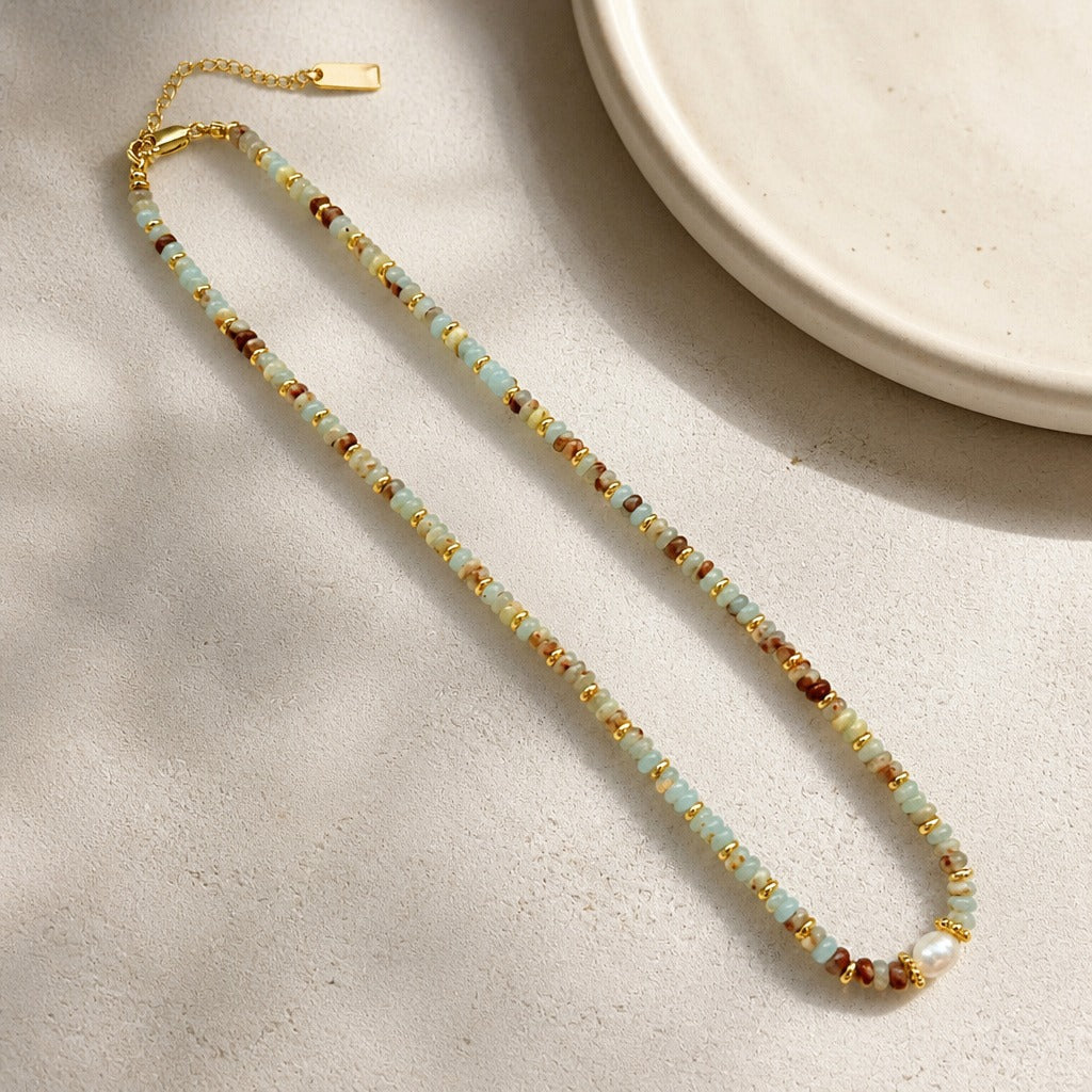 Baroque Freshwater Pearl Celadon Stone Beaded Necklace with Gold-Tone Accents — view 2