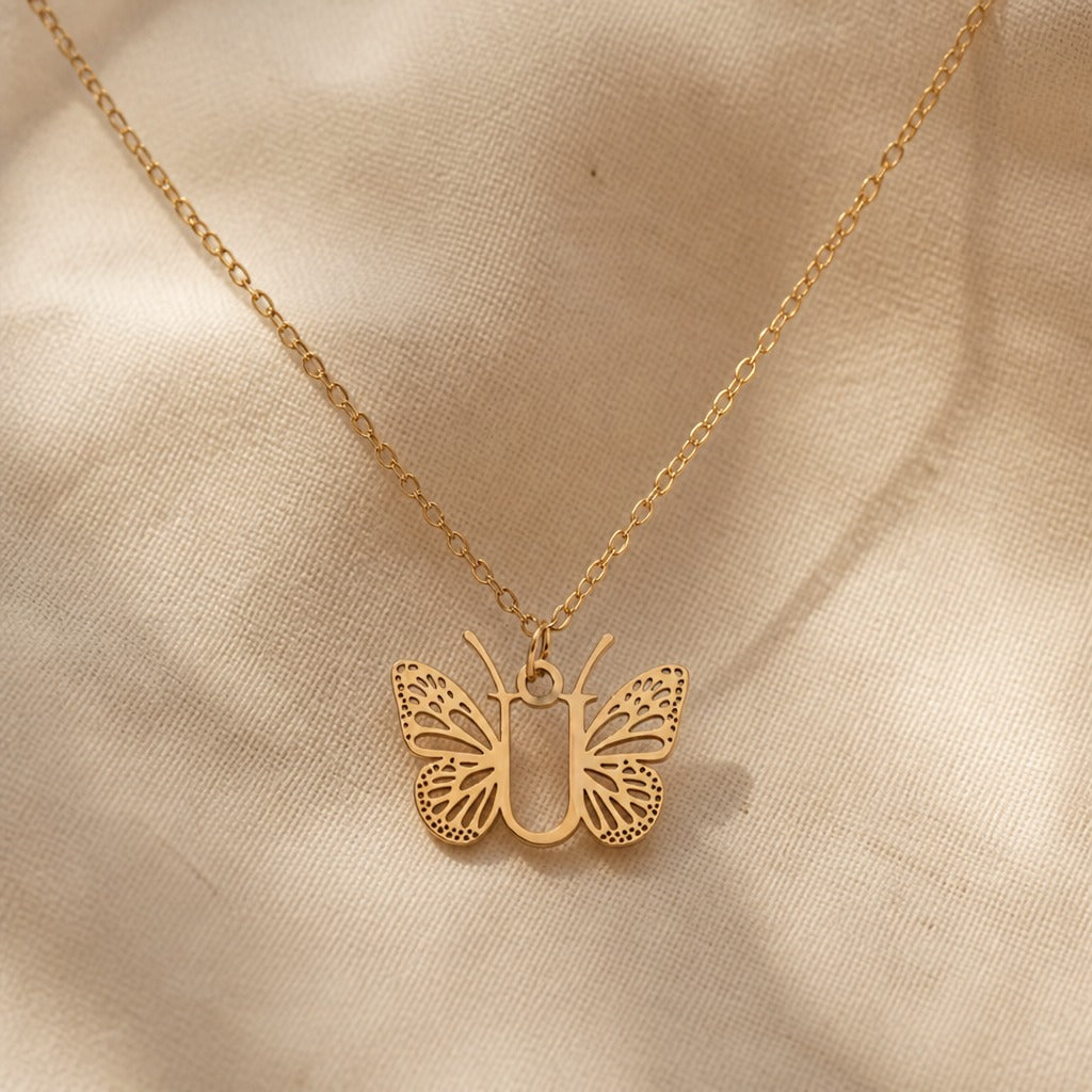 Butterfly Initial Letter Pendant Necklace with Filigree Wings, Gold or Silver Tone — view 42