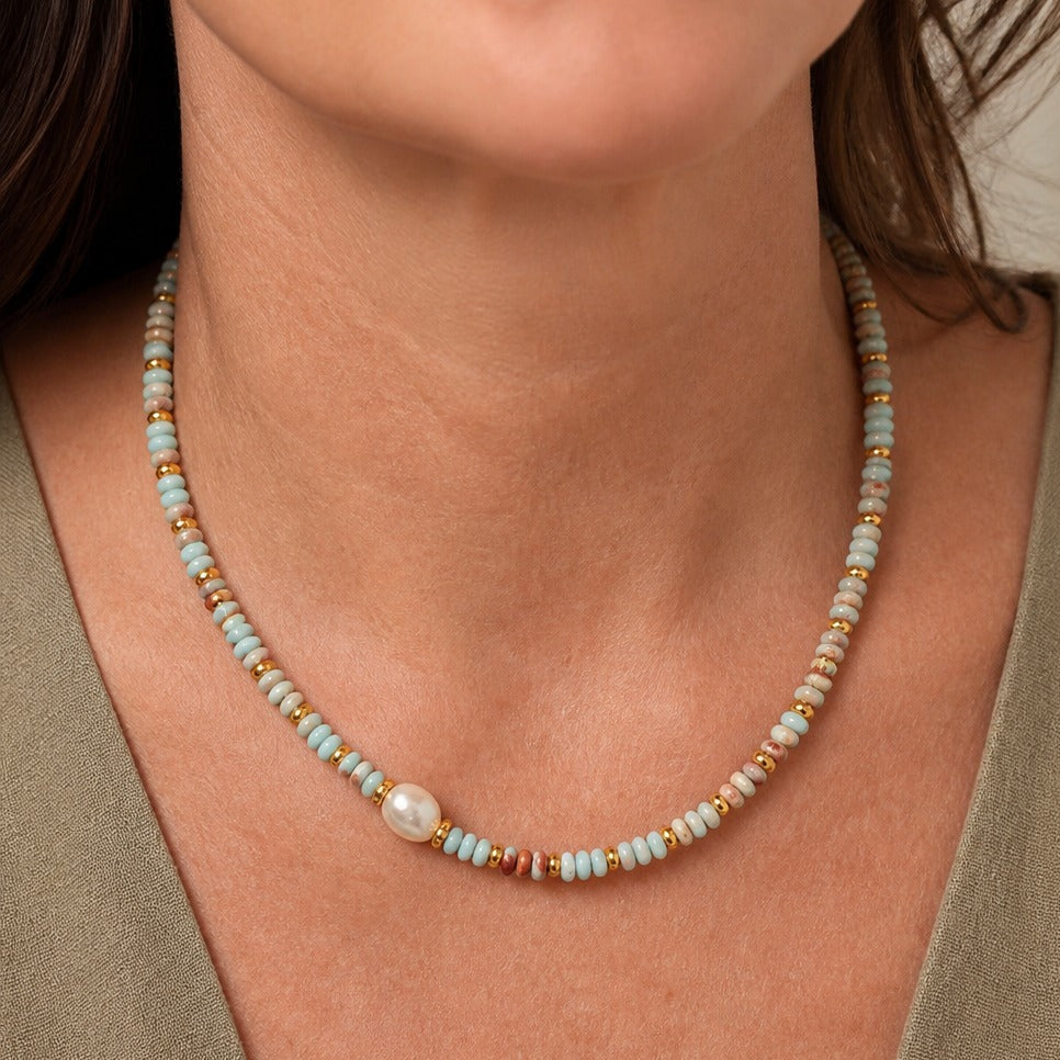 Baroque Freshwater Pearl Celadon Stone Beaded Necklace with Gold-Tone Accents — main image