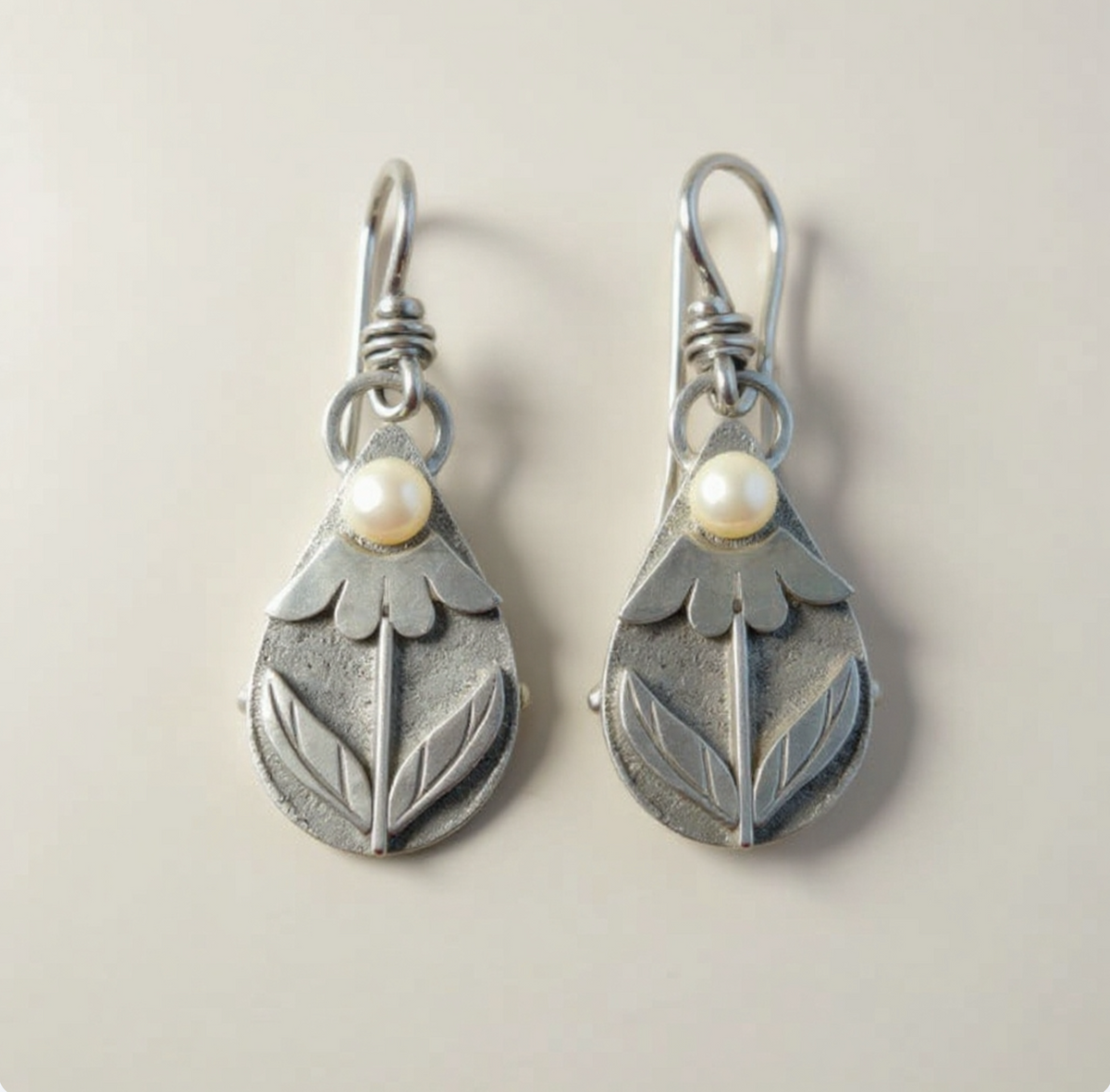 Teardrop Pearl Drop Earrings with Floral Leaf Detail in Antiqued Silver Tone — view 2