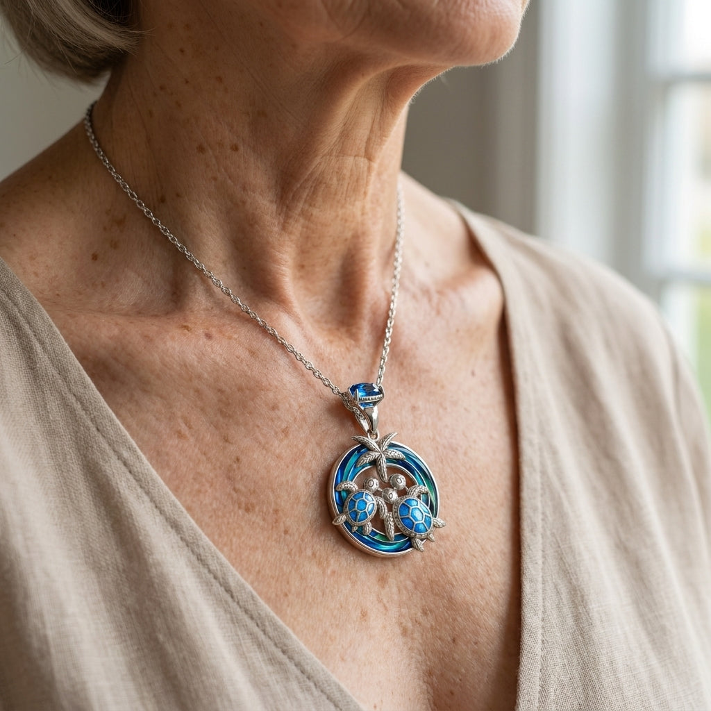 opal circle turtle palm necklace — lifestyle