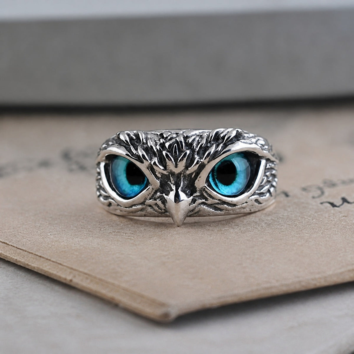 Owl Ring with Blue Gemstone Eyes, Sculpted Feather Detail, Adjustable Silver-Tone Band