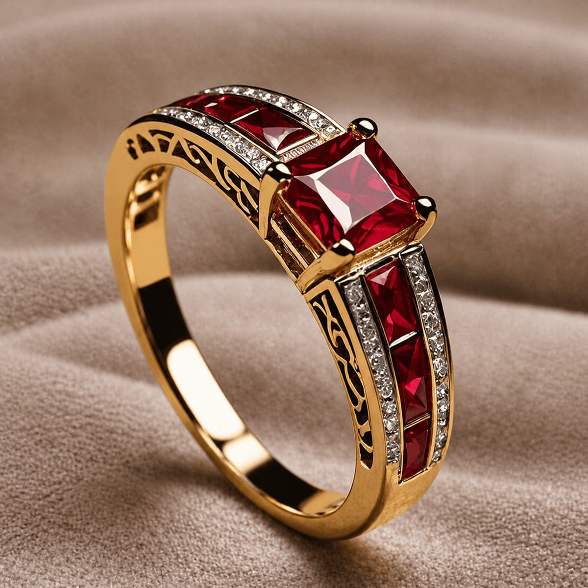 Cushion Ruby Ring with Engraved Gold-Tone Band