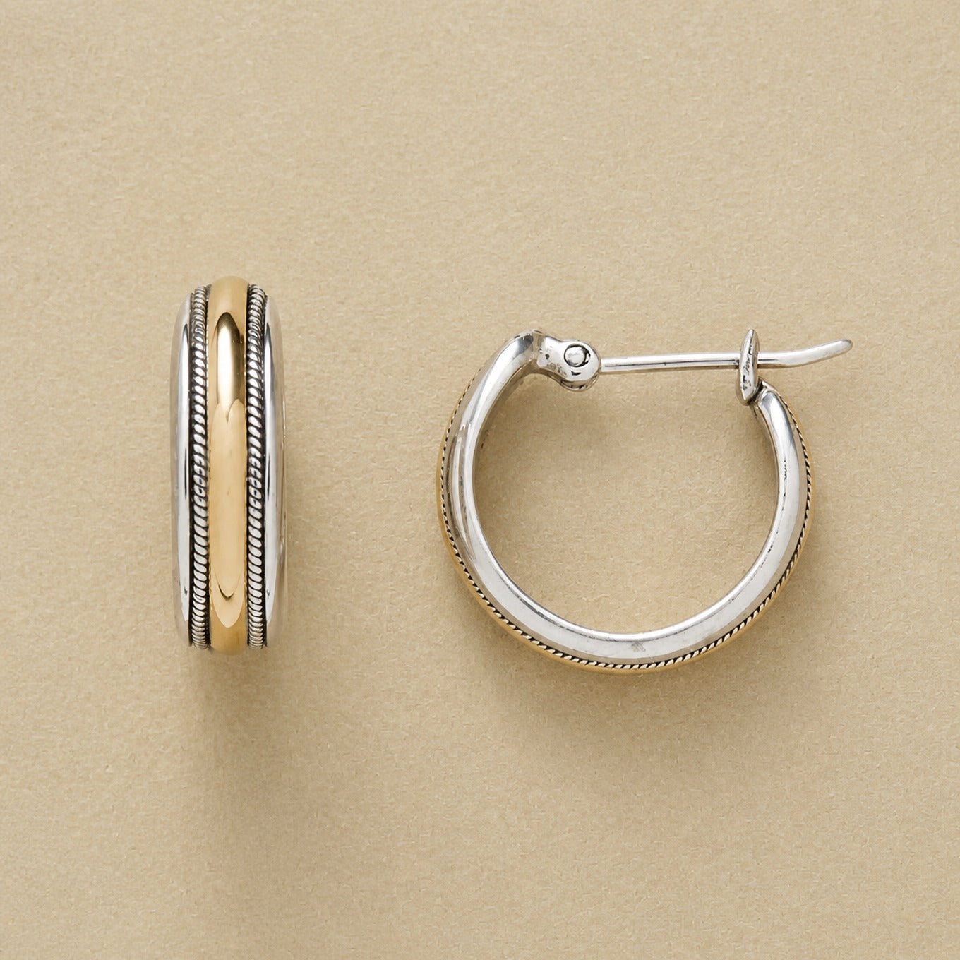 Twisted Silver Hoop Earrings with Gold Accent Stripe