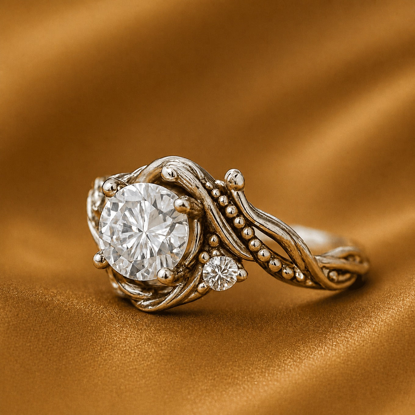 Branch-Inspired Zirconia Ring with Beaded Silver Band