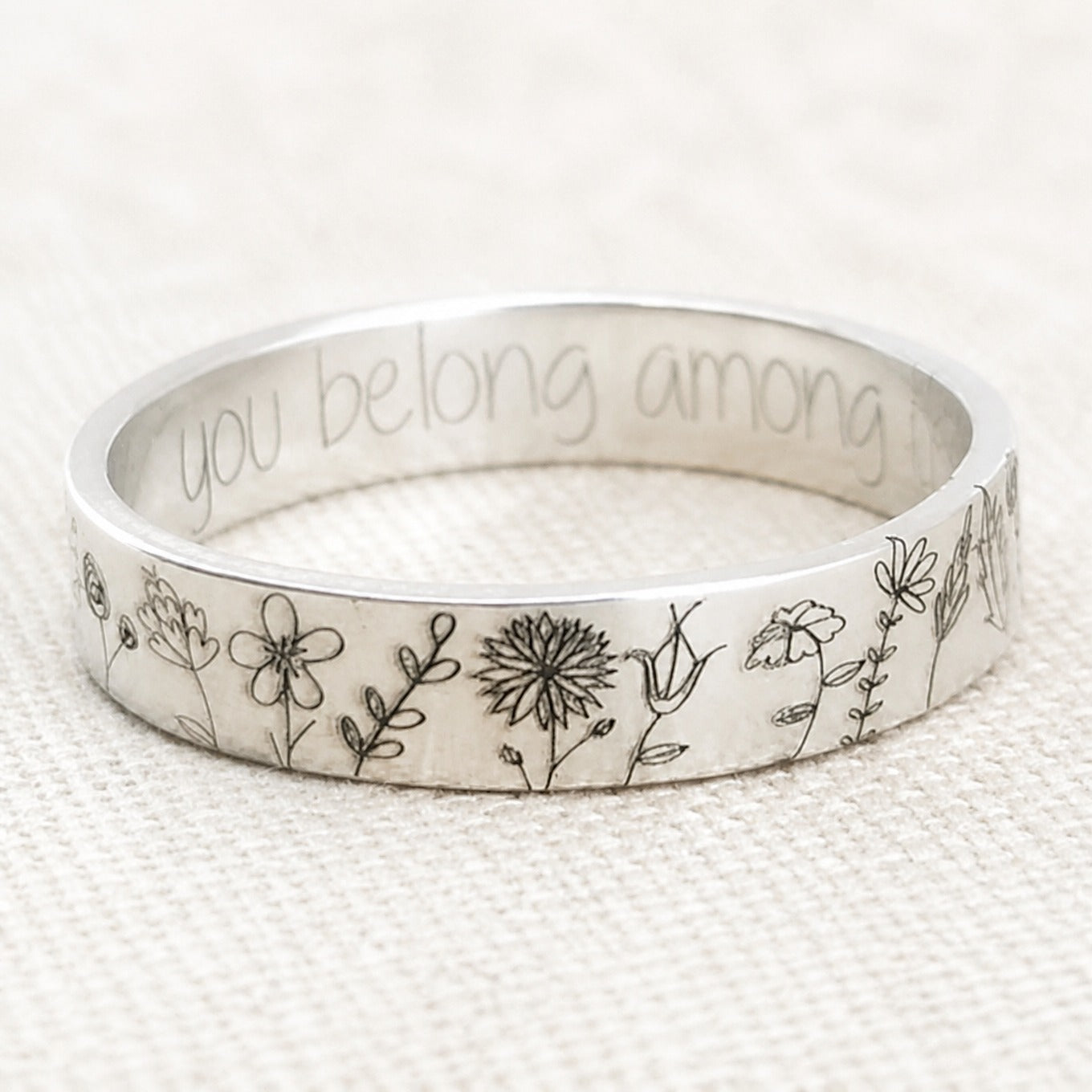Botanical Etched Wide Silver Ring with Inner Engraving