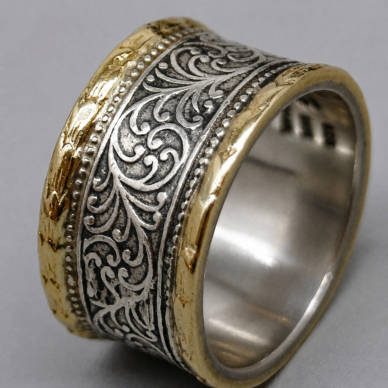 Two-Tone Filigree Scroll Band Ring with Beaded Edge Detail