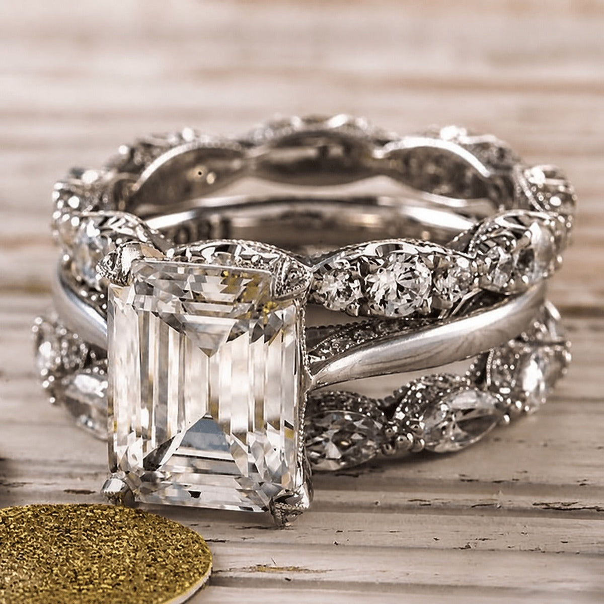 Vintage-Inspired Emerald-Cut Cocktail Ring with Filigree Band