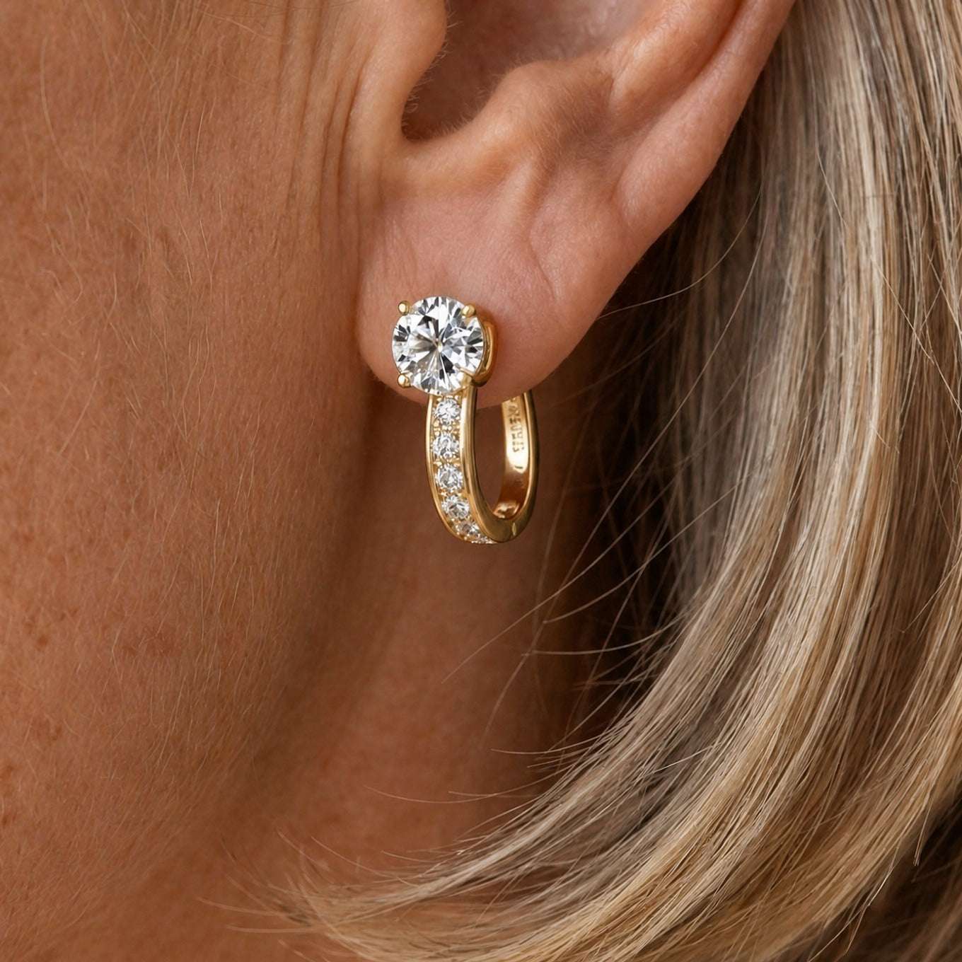 Cubic Zirconia Huggie Hoop Earrings with Pavé Band in Gold Tone