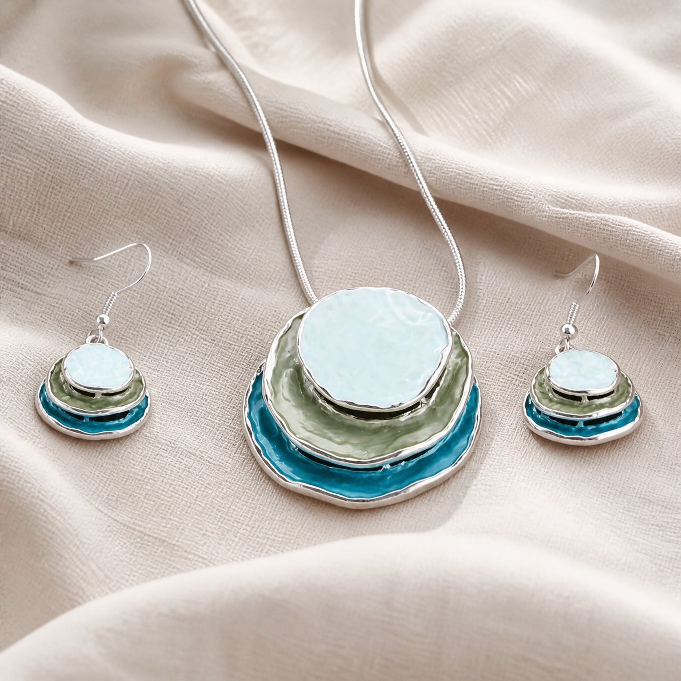 Layered Enamel Disc Necklace & Earring Set in Teal and Sage Green