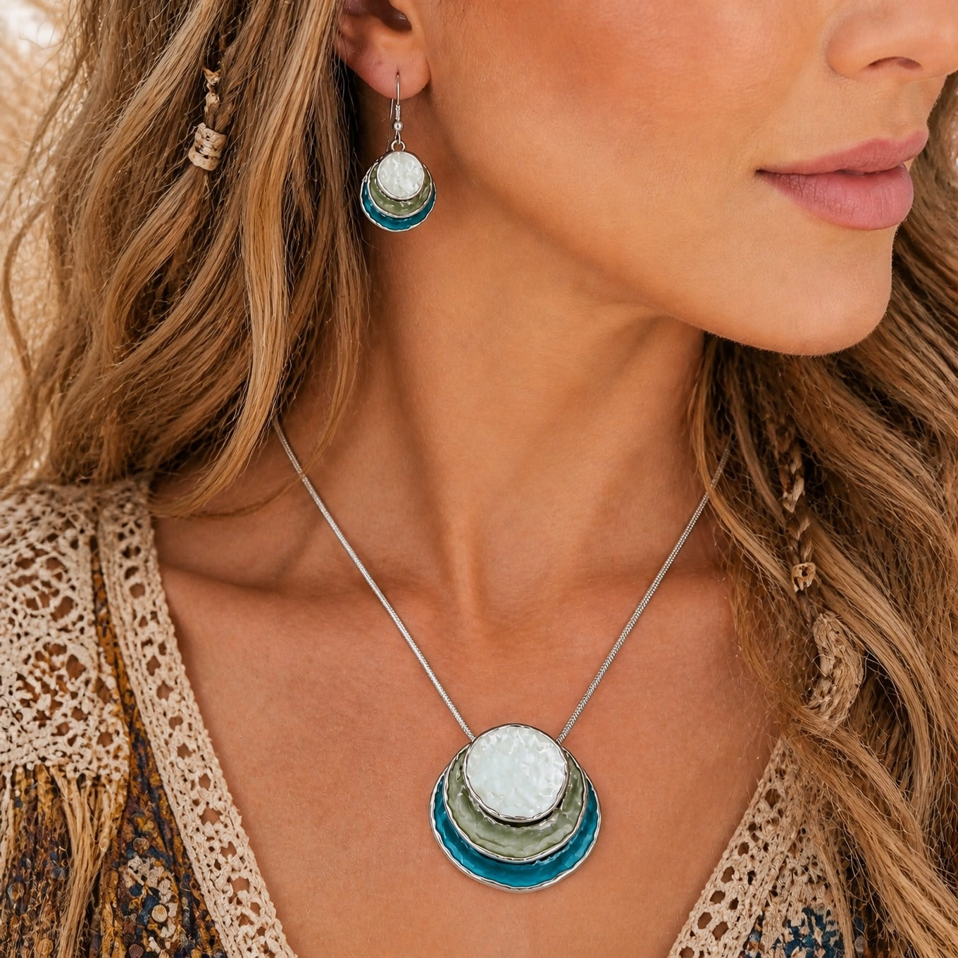Layered Enamel Disc Necklace & Earring Set in Teal and Sage Green