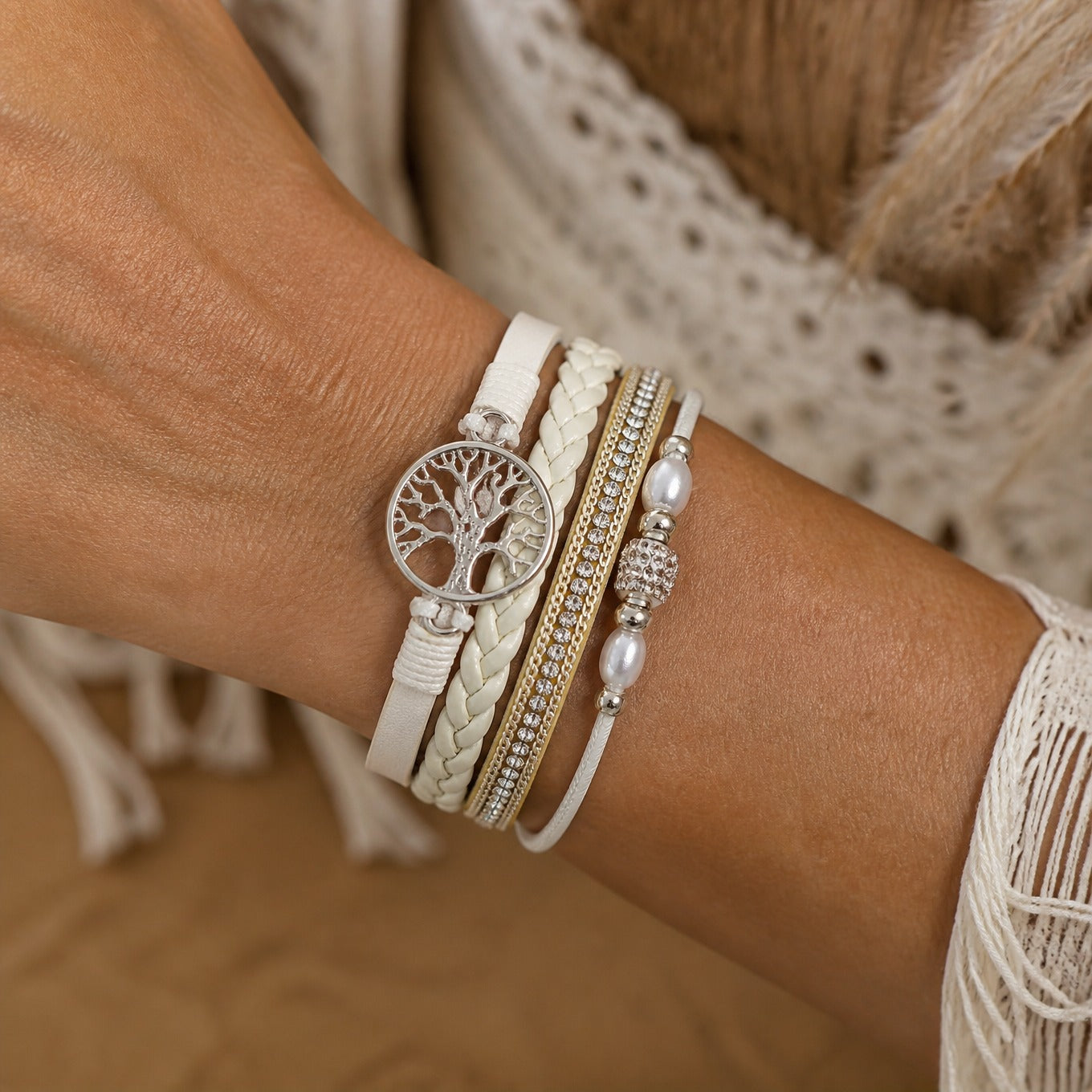 Tree of Life Wrap Bracelet Set with Rhinestone and Faux Pearl Accents