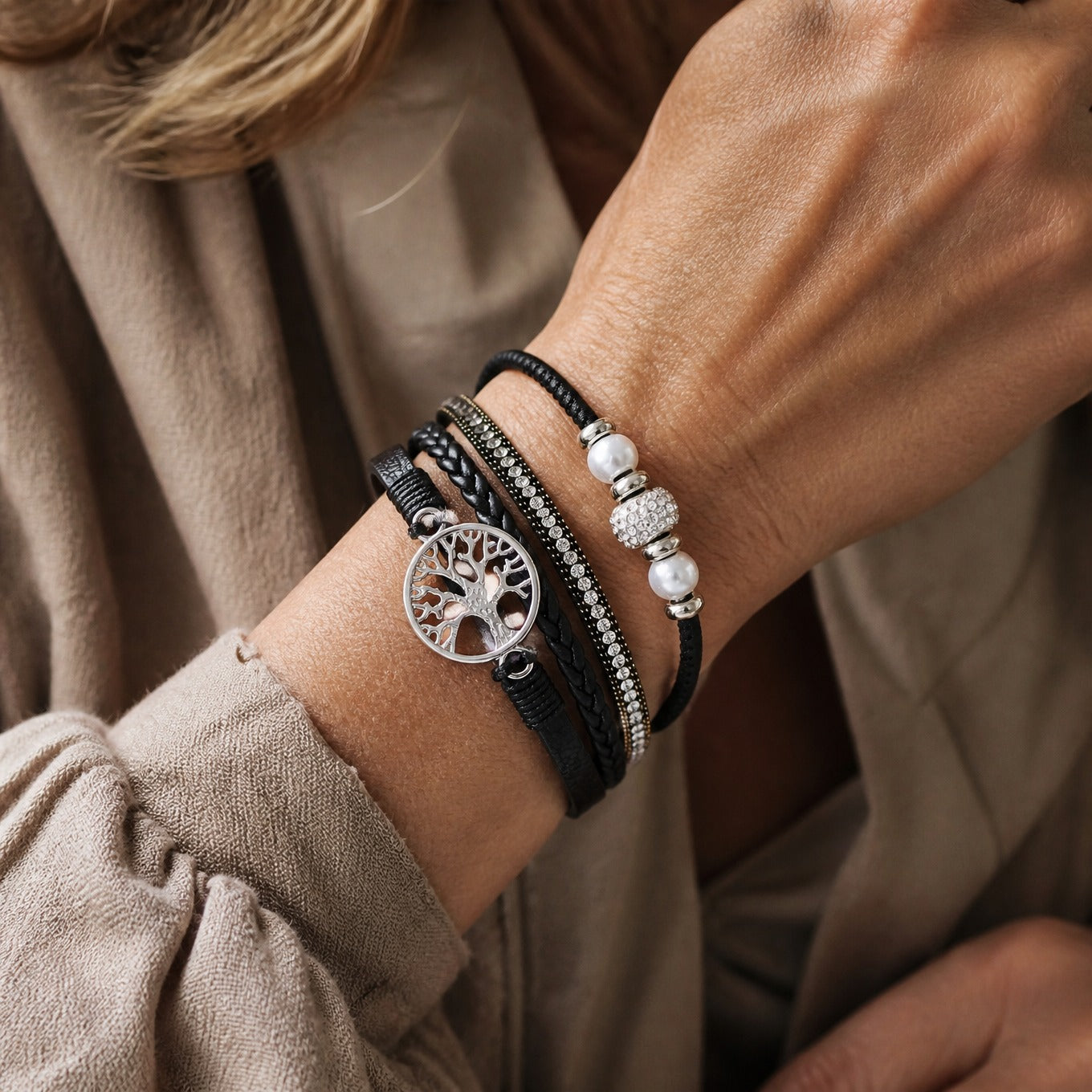 Tree of Life Wrap Bracelet Set with Rhinestone and Faux Pearl Accents