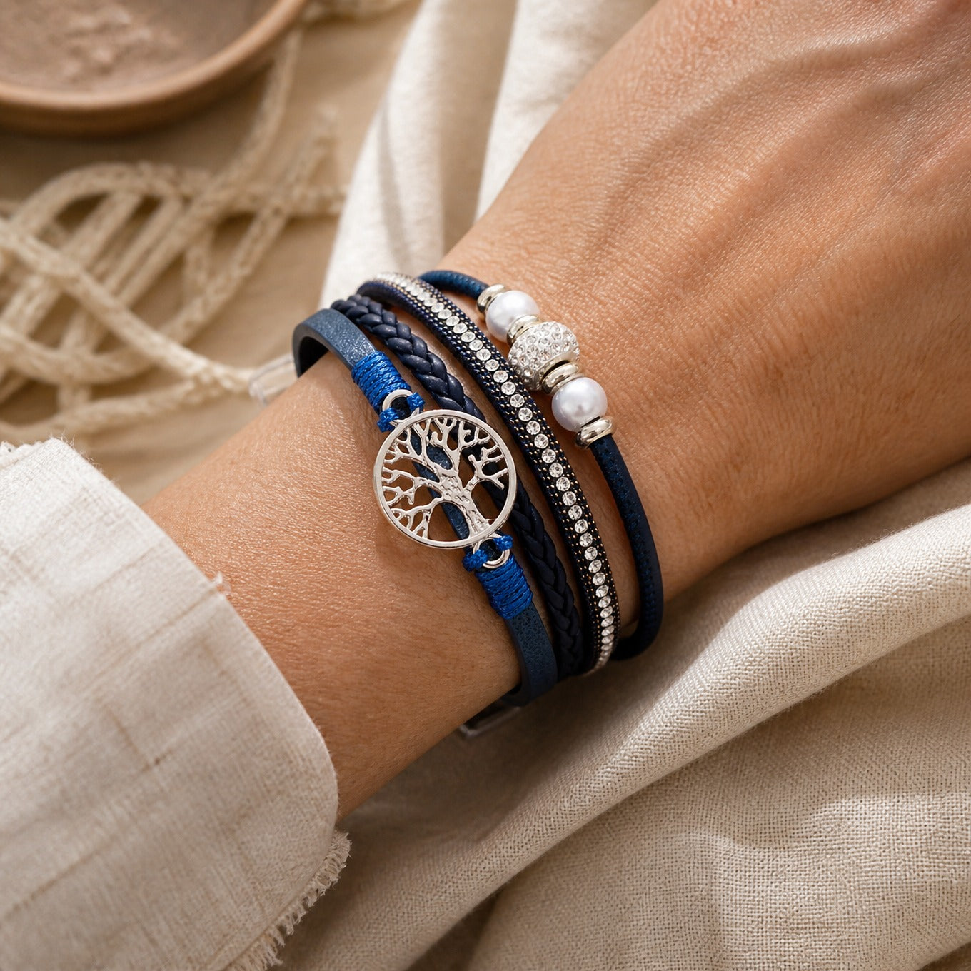 Tree of Life Wrap Bracelet Set with Rhinestone and Faux Pearl Accents