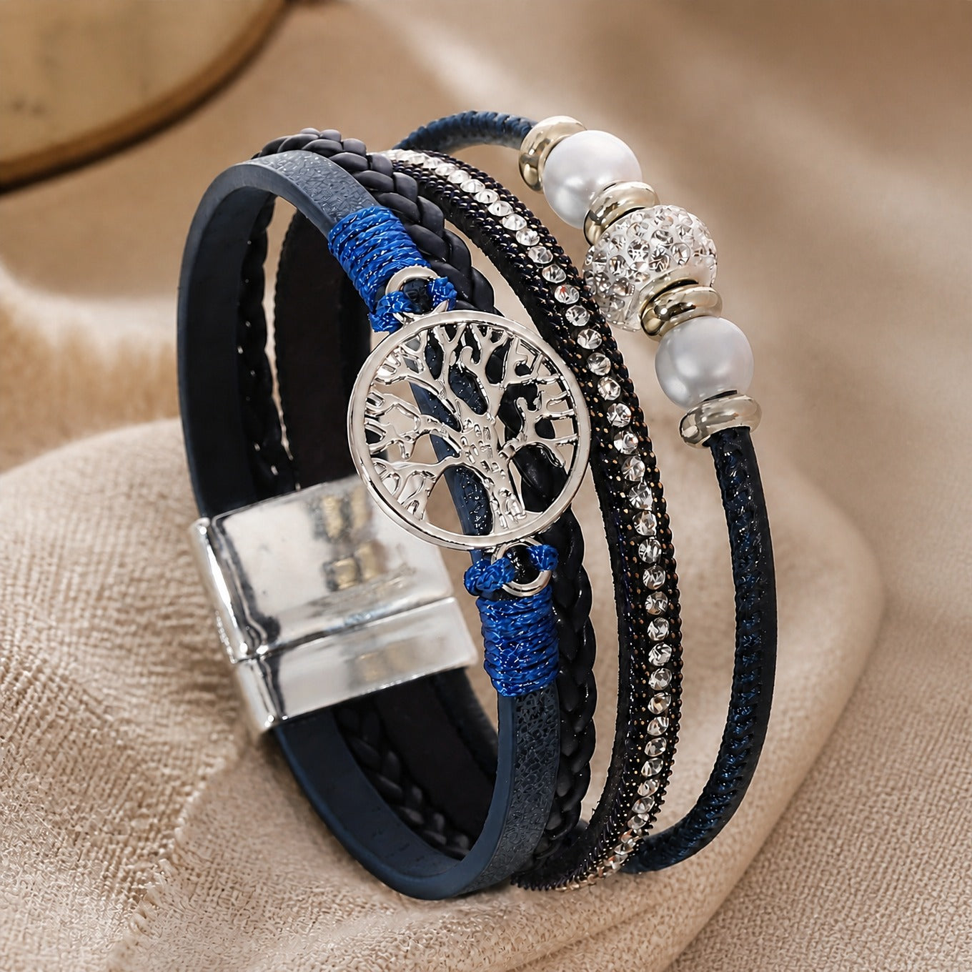 Tree of Life Wrap Bracelet Set with Rhinestone and Faux Pearl Accents