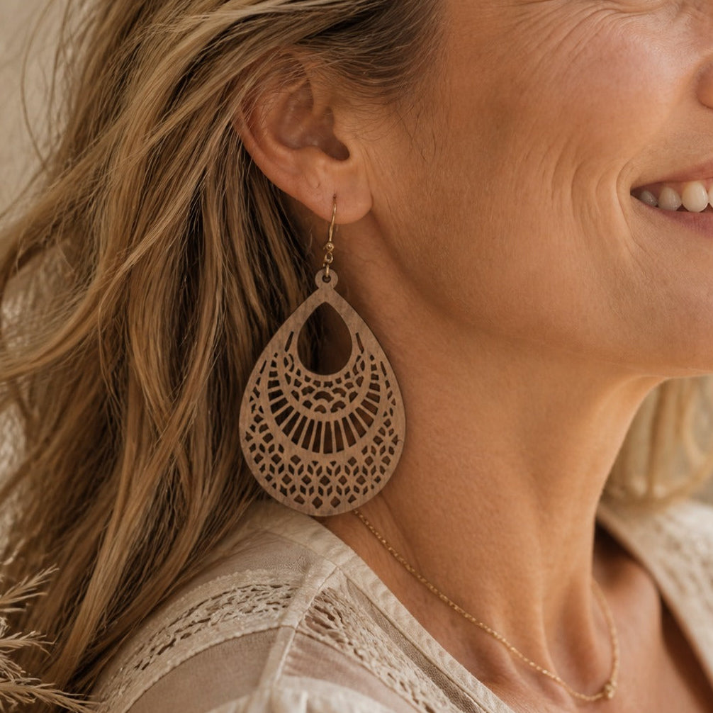 Teardrop Wood Filigree Drop Earrings with Gold-Tone Hooks