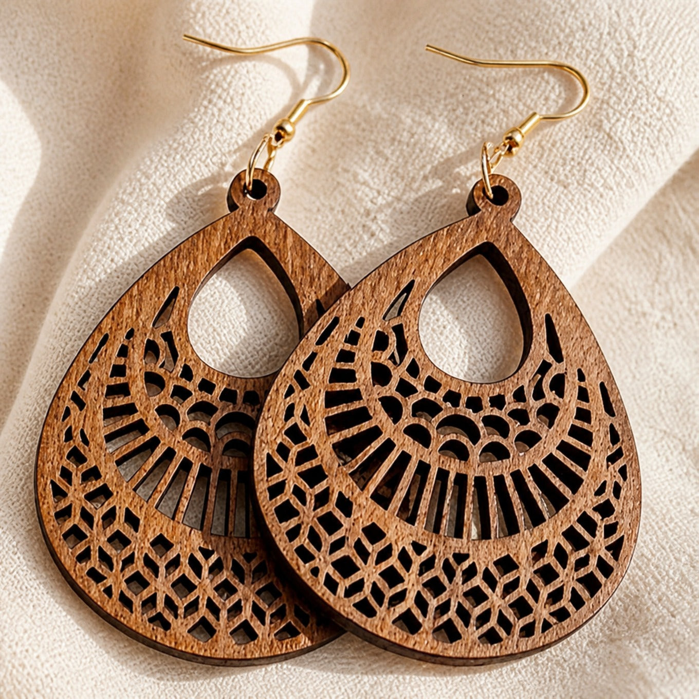 Teardrop Wood Filigree Drop Earrings with Gold-Tone Hooks