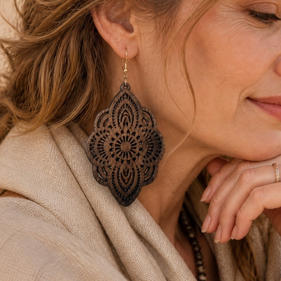 Laser-Cut Floral Mandala Wood Drop Earrings with Gold-Tone Ear Wires