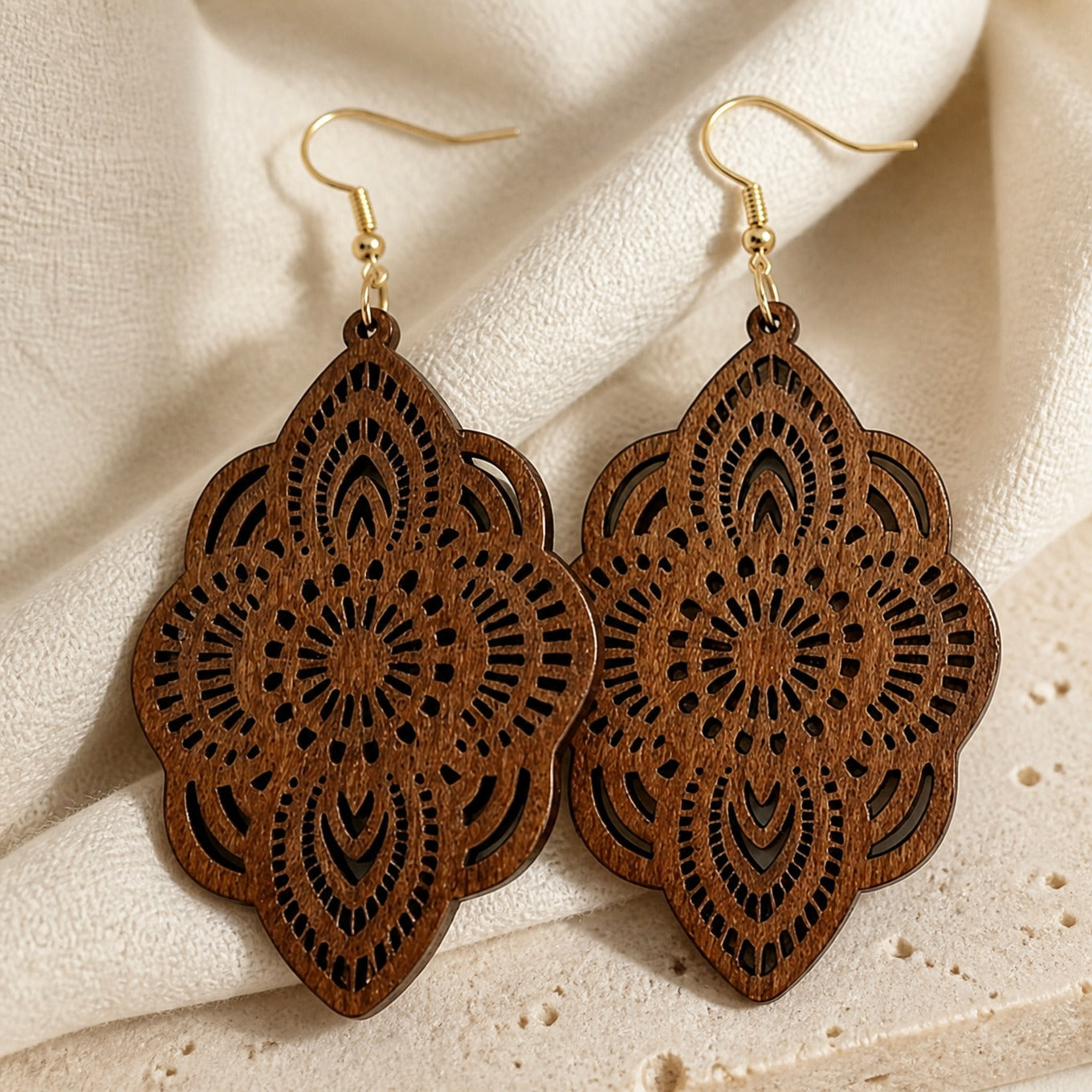 Laser-Cut Floral Mandala Wood Drop Earrings with Gold-Tone Ear Wires