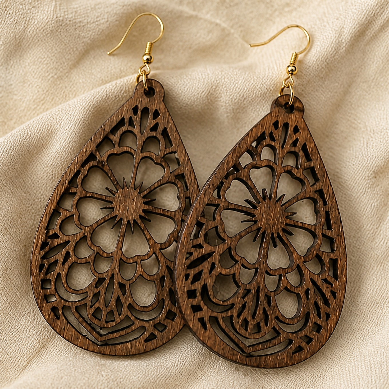 Teardrop Wood Filigree Drop Earrings with Heart & Floral Cutouts
