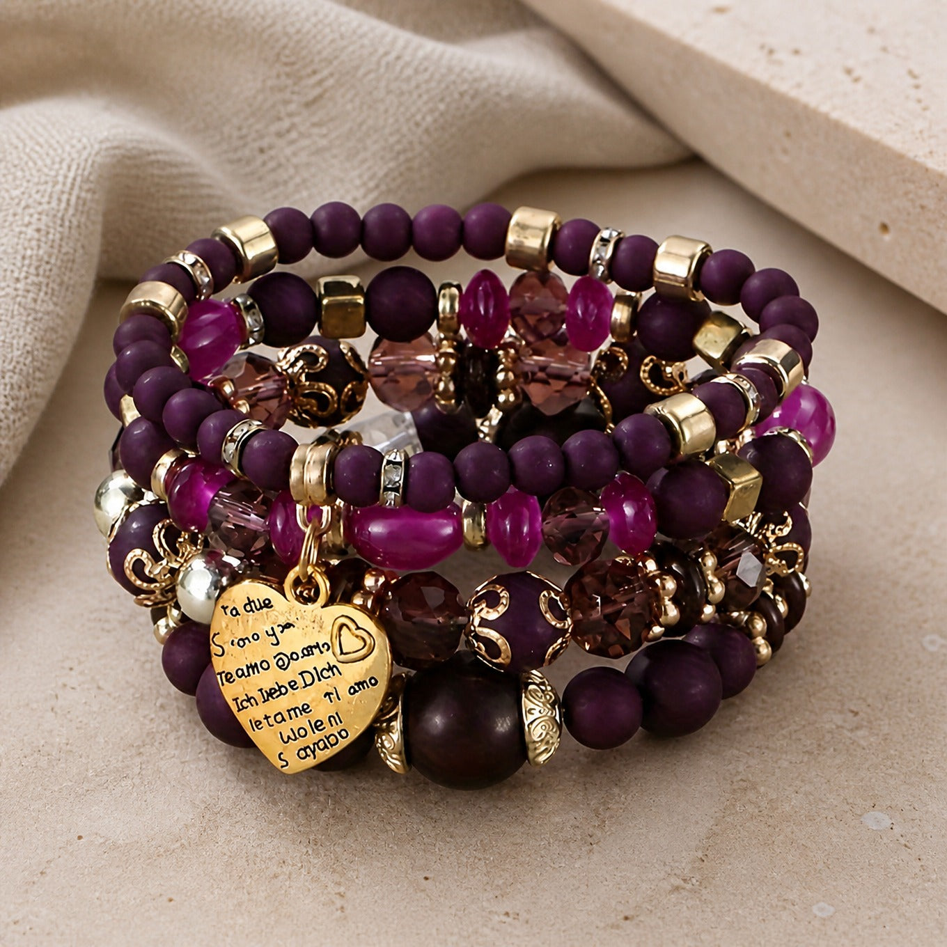 Heart Charm Boho Bracelet Set, 3 Stacking Stretch Bracelets with Filigree Detail