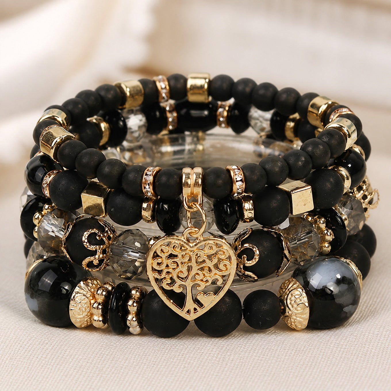 Heart Charm Boho Bracelet Set, 3 Stacking Stretch Bracelets with Filigree Detail