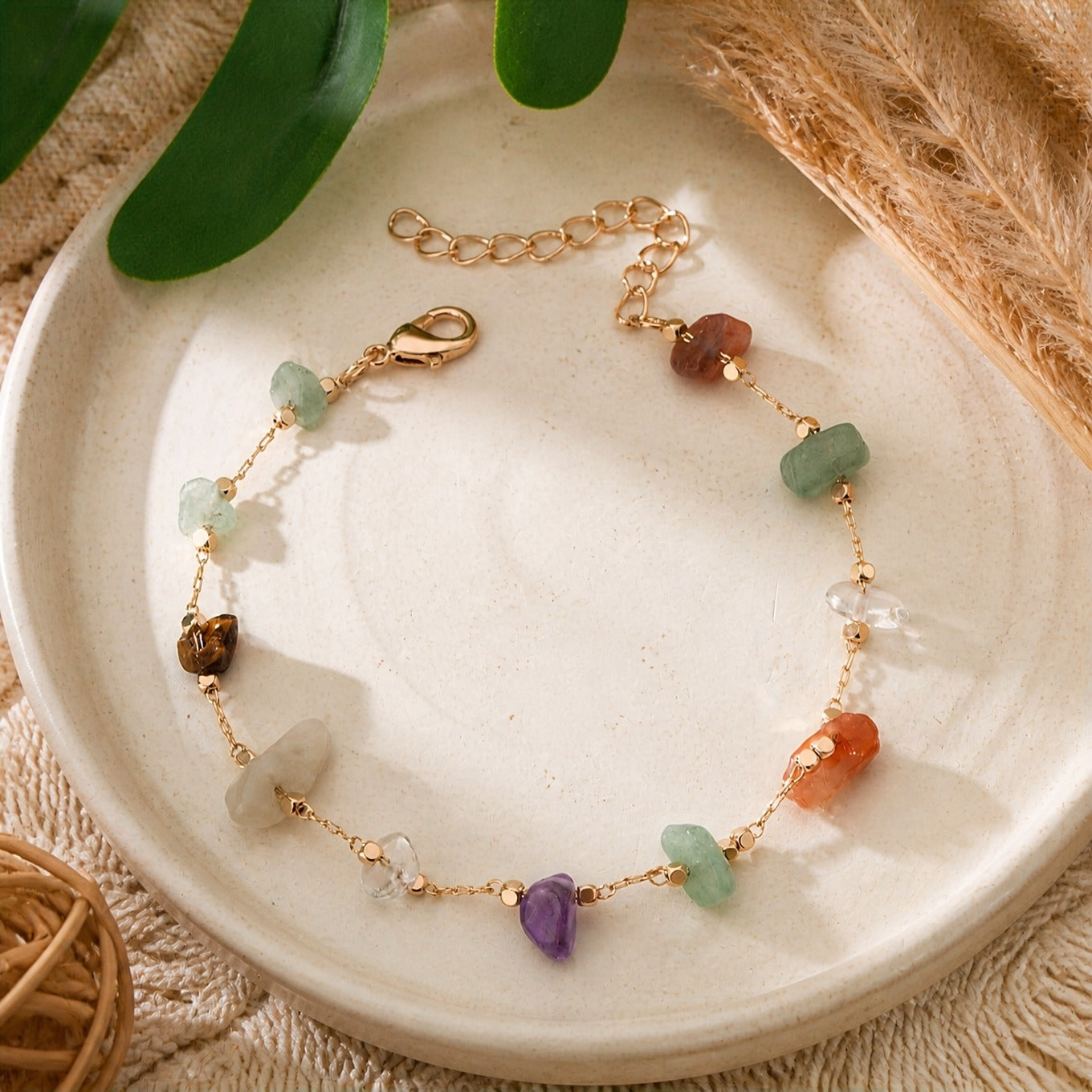Multi-Stone Boho Beaded Anklet with 18K Gold-Plated Chain