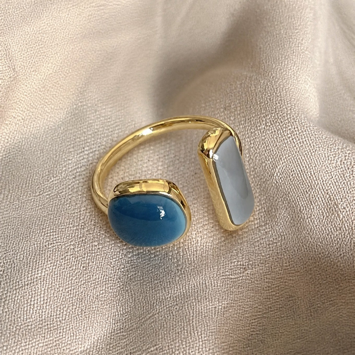 Teal and Gray Cabochon Statement Ring with Adjustable Gold-Tone Band